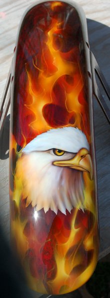 Eagle on candy red marblized base with real fire.