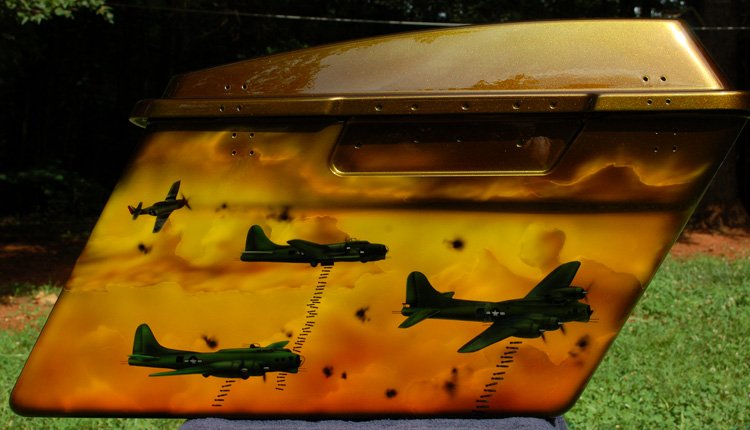 B-17 Bombing Run with Red Tail Escort airbrushed on custom painted Army green candy paint.