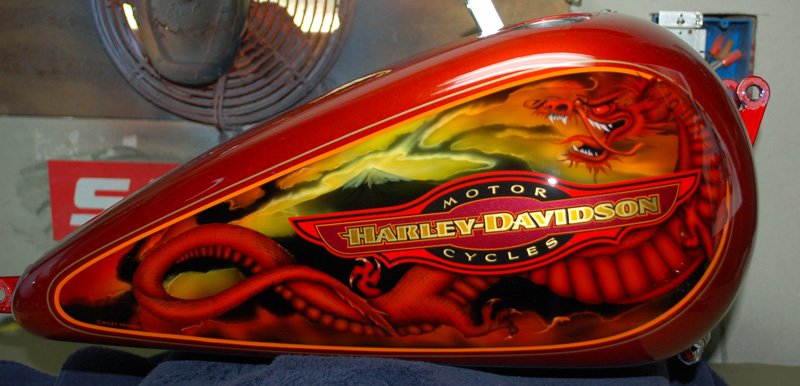 Japanese Style Dragon inside panel over Rare stock Harley Custom Inca Orange Base.
