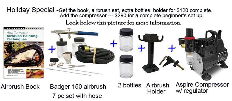 Badger 150 airbrush kit plus How to Master Airbrush Techniques book  plus 2 extra bottles plus an airbrush holder plus and Aspire Compressor.