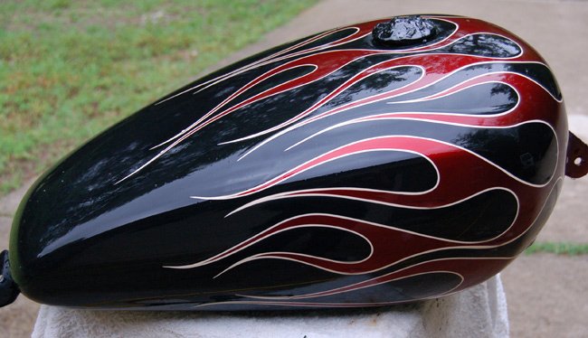 black base with marroon flames
