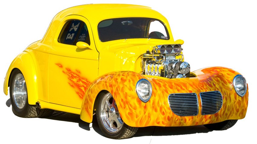 Real Fire flames on a Willys Coupe. This car is one of the featured cars on the header of the NSRA's website .